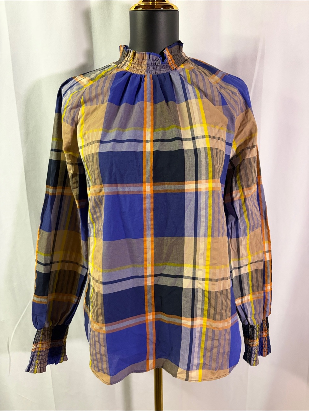 NWT Ann Taylor Multicolor Plaid Long Sleeve High Smocked Neck Cotton Blouse